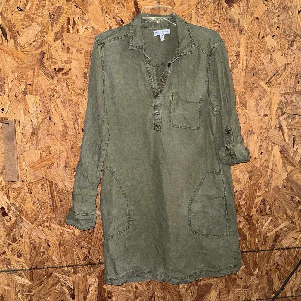 Michael Stars 100% Linen Eleanor Mini Shirt Dress Utility Khaki Green Pockets L